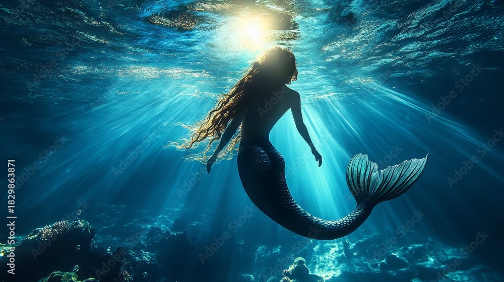 Naklejka premium A breathtaking mermaid gliding effortlessly through the clear blue waters, enveloped in shimmering beams of light