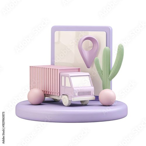 Stylized vector illustration of a delivery truck with a map and location pin in pastel colors.