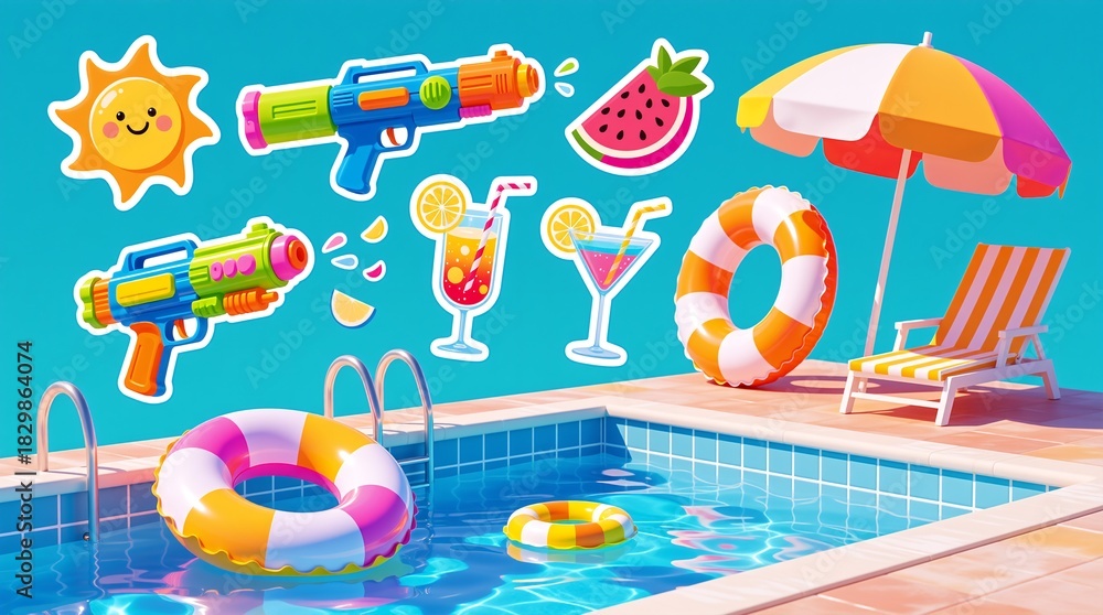 Obraz premium Vibrant pool party scene with water guns, floats, and drinks, expressed joy or Used in summer scenes