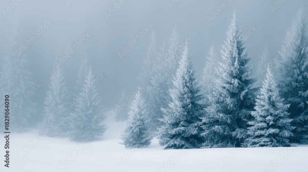 Fototapeta premium frosty spruce forest in winter, snow and ice on evergreen trees, tranquil winter nature background