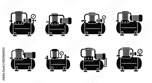 Illustrations of various air compressor designs in a simple black and white style