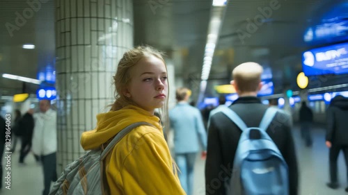 A blonde teenager in a yellow hoodie looks back in a crowded subway corridor, a lighted tunnel in the background, an atmosphere of urban loneliness and insecurity