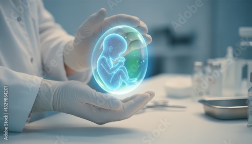 Medical professional hands in white gloves carefully holding a glowing fetal hologram inside a transparent sphere, representing advanced reproductive technology and scientific innovation in ivf