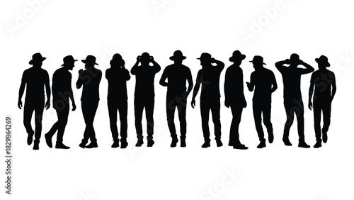 Diverse group of men with hats silhouettes isolated on white background, Vector