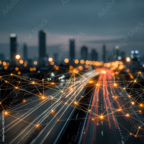AI Technology Enhancing Traffic Management in Urban Highways at Night - Dynamic Communication Network Visuals