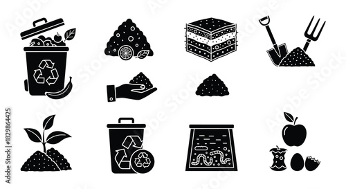 Composting elements and gardening tools a collection of black silhouette icons