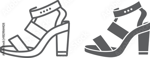 Chunky Block Heel Sandal Vector Icon: Women's Strappy Fashion Footwear, Outline and Solid Silhouette, Editable Stroke