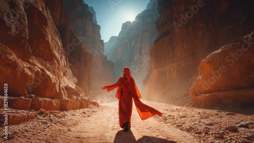 A lone female figure in flowing red Arab clothes walks through a sun-drenched canyon with high stone walls and dramatic shadows, creating an atmosphere of adventure and exploration.