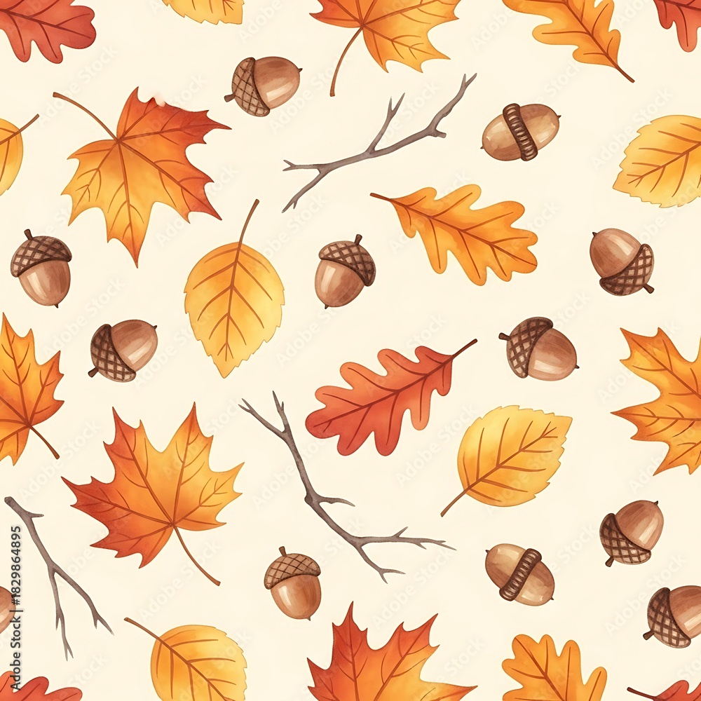 Fototapeta premium Autumn seamless pattern with colorful watercolor leaves acorns and twigs on a light background for scrapbook crafts fabric and wallpapers