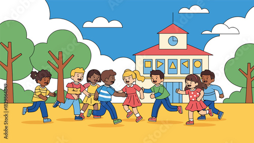 Kids running and playing tag together outdoors on the schoolyard. Ideal for education materials, childhood activity concepts, playful learning scenes, and school lifestyle themes.