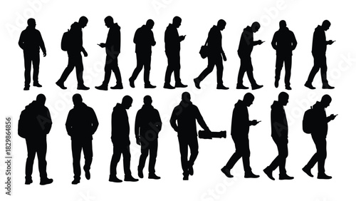 Male silhouettes walking and using phones isolated on white background, Vector