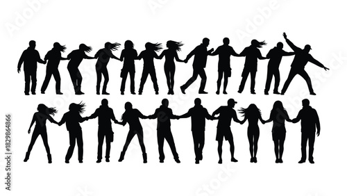 People holding hands silhouette group isolated on white background, Vector