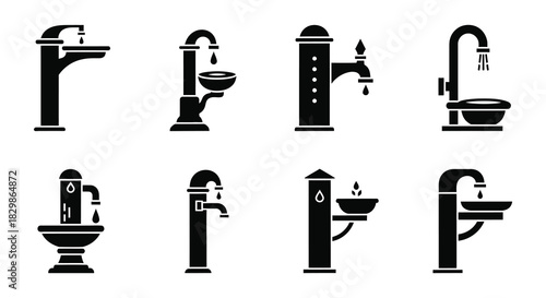 Variety of bathroom and kitchen faucets designs in a simple black and white style