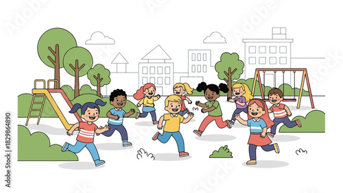 Kids running and playing tag together outdoors on the schoolyard. Ideal for education materials, childhood activity concepts, playful learning scenes, and school lifestyle themes.