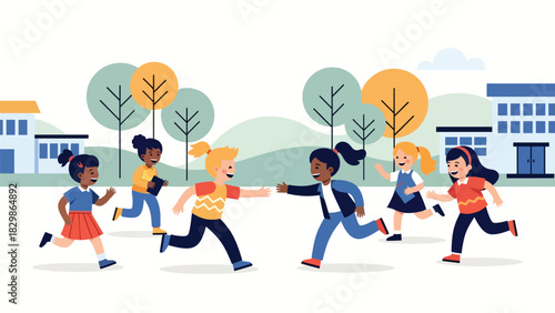 Kids running and playing tag together outdoors on the schoolyard. Ideal for education materials, childhood activity concepts, playful learning scenes, and school lifestyle themes.