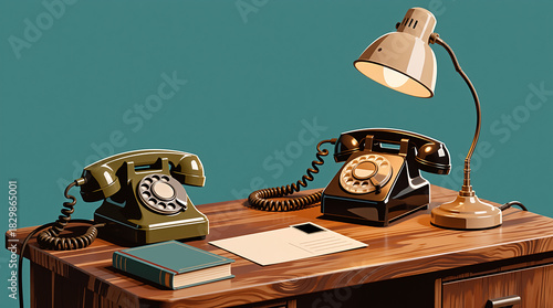 Vintage telephones on a wooden desk, illuminated by a lamp, expressing nostalgia or used in retro office scenes.