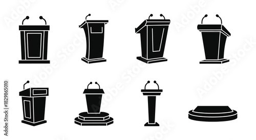 Collection of black silhouette icons depicting various podiums and lecterns