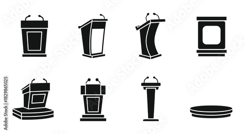 Collection of black silhouette icons depicting various podiums and lecterns