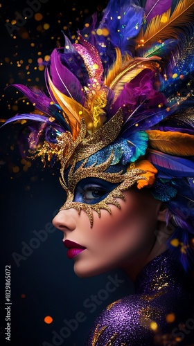 Woman wearing elaborate carnival mask poses against dark backdrop with glittering accents and colorful plumage.
