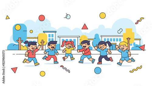 Kids running and playing tag together outdoors on the schoolyard. Ideal for education materials, childhood activity concepts, playful learning scenes, and school lifestyle themes.