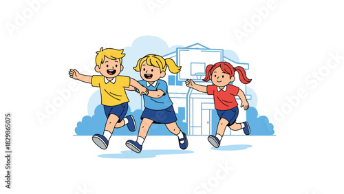 Kids running and playing tag together outdoors on the schoolyard. Ideal for education materials, childhood activity concepts, playful learning scenes, and school lifestyle themes.