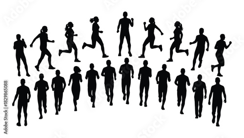 Dynamic group of running silhouettes isolated on white background, Vector