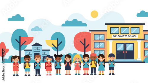 Students lining up outdoors for morning assembly at school. Ideal for education systems, student routines, discipline, and daily school activity visuals.