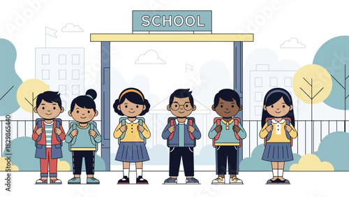 Students lining up outdoors for morning assembly at school. Ideal for education systems, student routines, discipline, and daily school activity visuals.