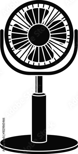 A black silhouette of a modern oscillating pedestal fan on a white background