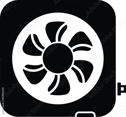A simple black and white graphic illustration of a computer cooling fan silhouette