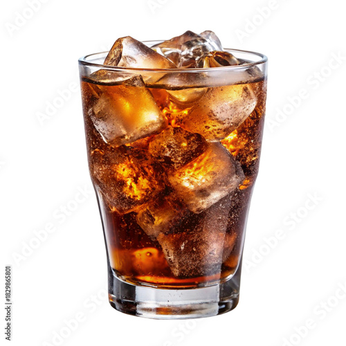 Glass of cold cola soda with ice cubes isolated on transparent background