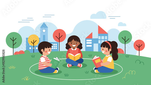 Kids sitting on grass reading books during outdoor class time. Perfect for education, creative learning, childhood development, and school nature activities.