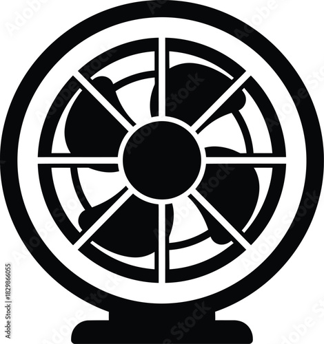 A classic desk fan with a circular grill and blades depicted in a bold black silhouette