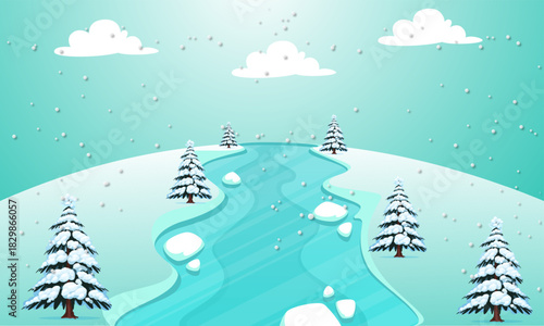 Peaceful winter illustration with a winding blue river, snow-covered hills, frosted pine trees, and falling snowflakes, for a tranquil seasonal feel