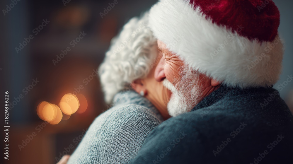 Obraz premium elderly couple hugging on Christmas Eve, grandpa wearing Santa hat, cozy home holiday setting, warm and festive atmosphere