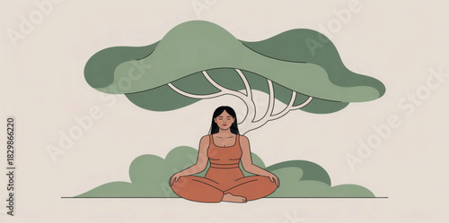 Calm female character sitting in lotus pose, serene nature scene, soft earthy colors, peaceful mindfulness artwork, yoga and self-care concept, modern flat vector style suitable for posters, apps