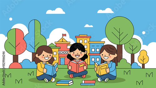 Kids sitting on grass reading books during outdoor class time. Perfect for education, creative learning, childhood development, and school nature activities.
