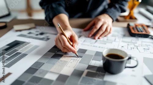 Architect or engineer’s hands review blueprints and draft sketches with pencil and ruler on bright office desk, modern architectural process concept