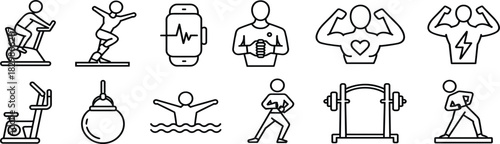 Fitness, Workout, and Exercise Vector Icon Set: Sport, Gym Equipment, Health, Training, Outline Signs, Editable Stroke