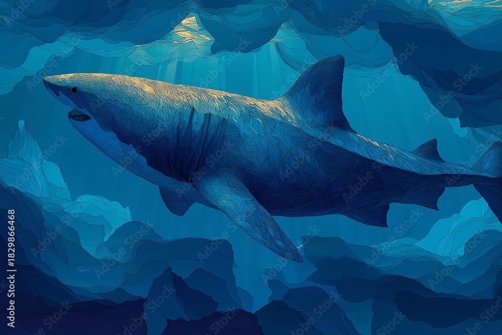 Naklejka premium Stylized shark vector illustration swimming through deep blue ocean layer bold modern marine wildlife art isolated background