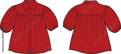 Red blouse illustration, front and back view, Peter Pan collar, puff sleeves, gathered cuffs, button placket, fashion design, garment construction