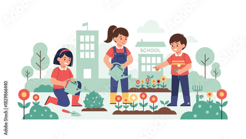 Children watering plants and learning outdoor gardening at school. Ideal for eco-learning, environmental education, nature curriculum, and hands-on activities.