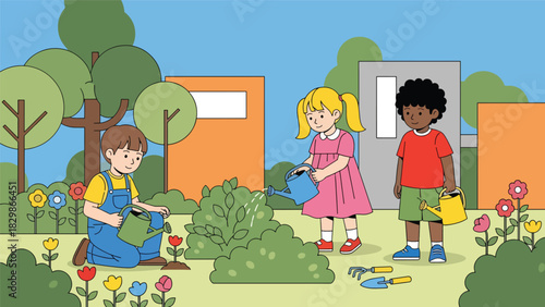 Children watering plants and learning outdoor gardening at school. Ideal for eco-learning, environmental education, nature curriculum, and hands-on activities.