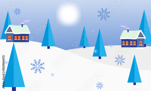 Winter Landscape with Cozy Houses and Snowflakes A Serene Holiday Scene Featuring Blue Trees and a Peaceful Moonlit Sky