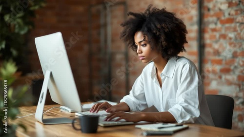 Focused afro american woman with natural curly hair working on a desktop computer in a bright office, exposed brick wall background, concept of modern professional diversity