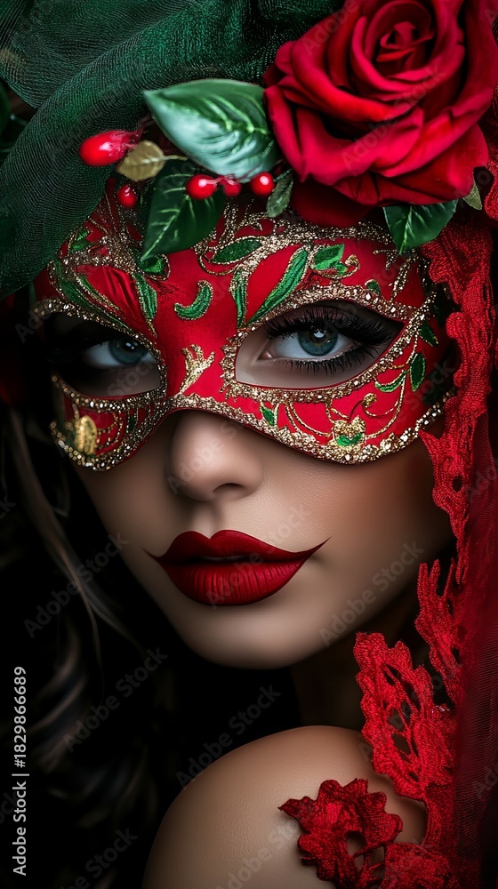 Obraz premium Woman Wearing Red Mask with Gold Detailing and Rose Adornments Poses in Studio with Dark Background.