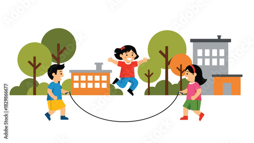 Cheerful kids jumping rope outside at school. Great for physical activity themes, energetic childhood play, fitness routine visuals, and healthy lifestyle concepts.