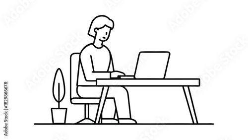 Woman typing on laptop at desk with potted plant vector illustration