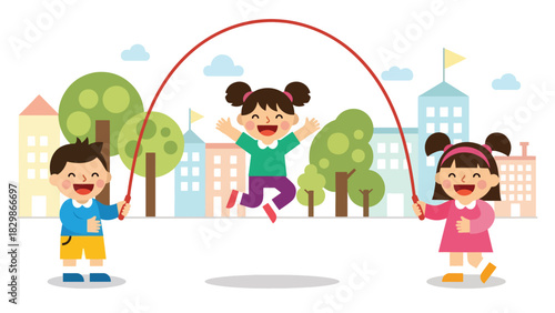Cheerful kids jumping rope outside at school. Great for physical activity themes, energetic childhood play, fitness routine visuals, and healthy lifestyle concepts.