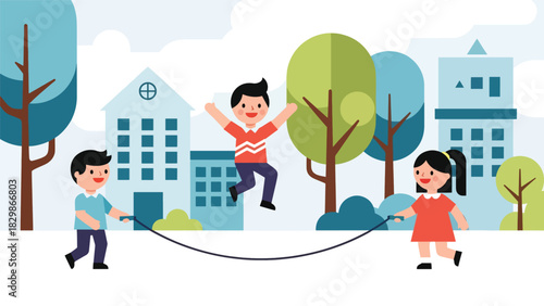 Cheerful kids jumping rope outside at school. Great for physical activity themes, energetic childhood play, fitness routine visuals, and healthy lifestyle concepts.